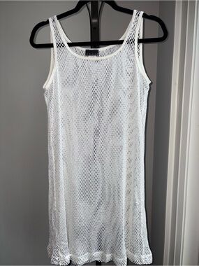 La Blanca White Fishnet Cover Up Dress Swimwear Beach Mesh Size M Made USA Y2K